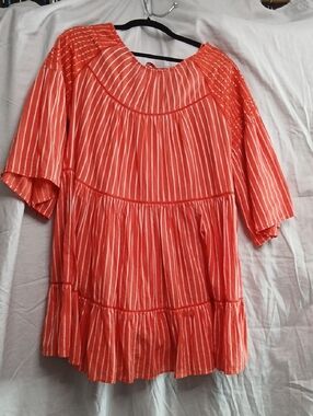 Free People Coral Striped Smocked Yoke Tiered Mini Dress